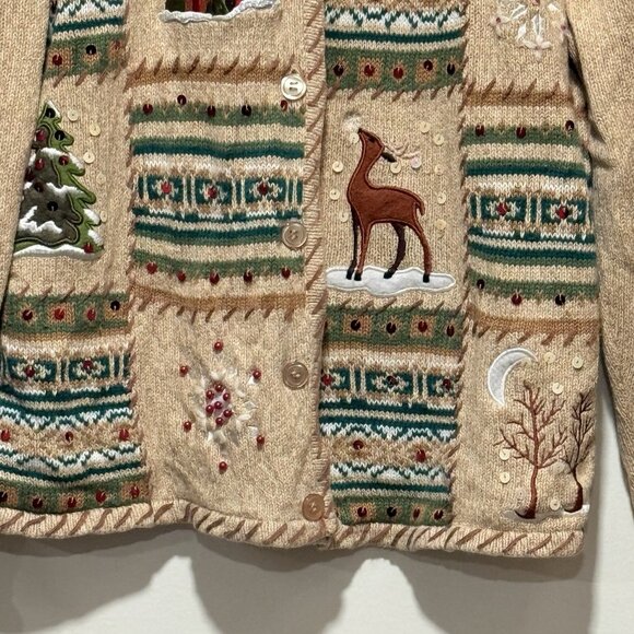 Crystal Kobe Embroidered Christmas Patchwork Tan Cardigan Sweater Womens Large - Picture 6 of 11